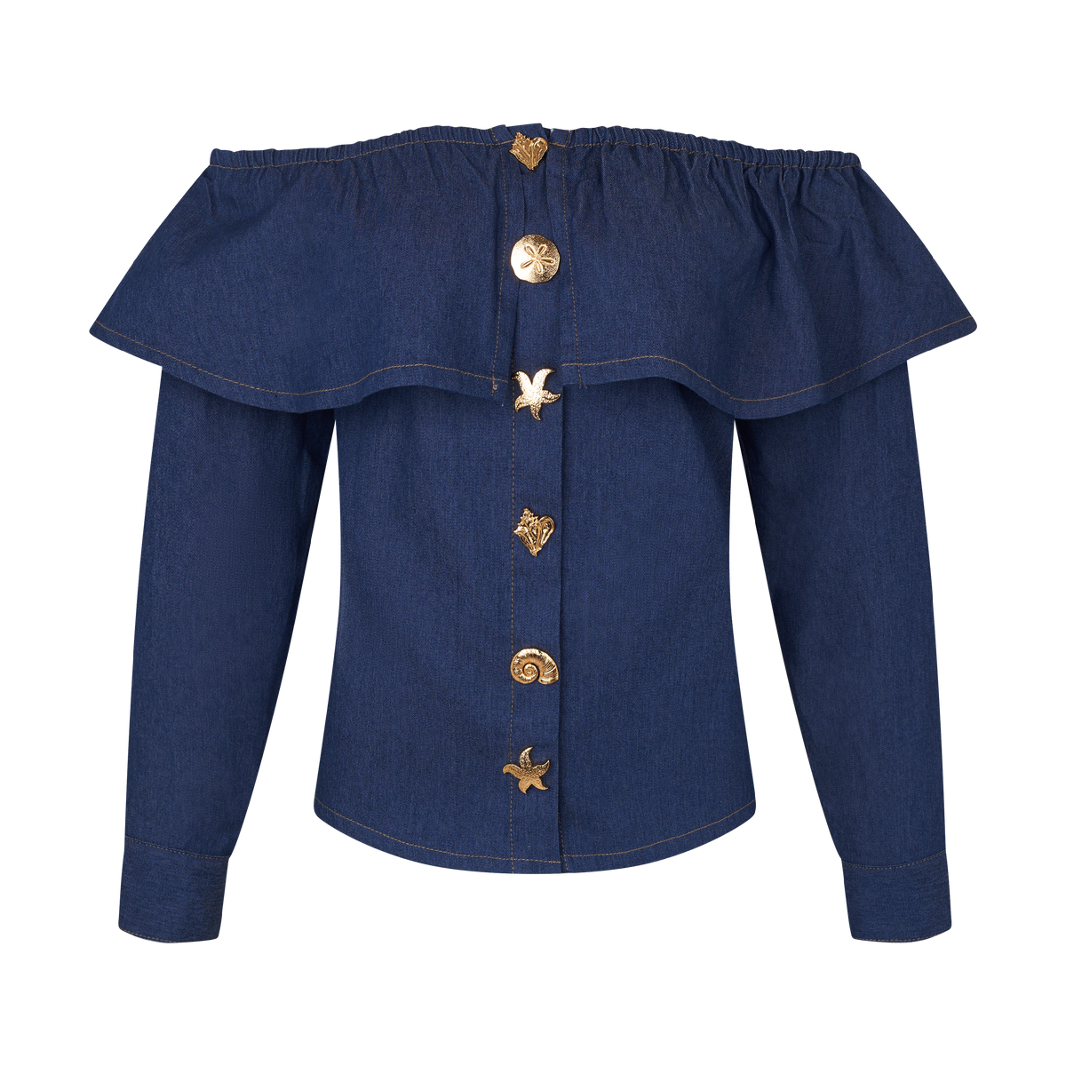 THE DENIM RUFFLE BARDOT-DARK