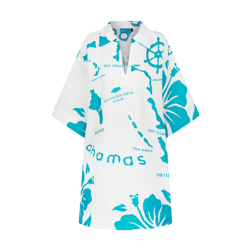ARCHIPELAGO TUNIC DRESS-WHITE & AQUA