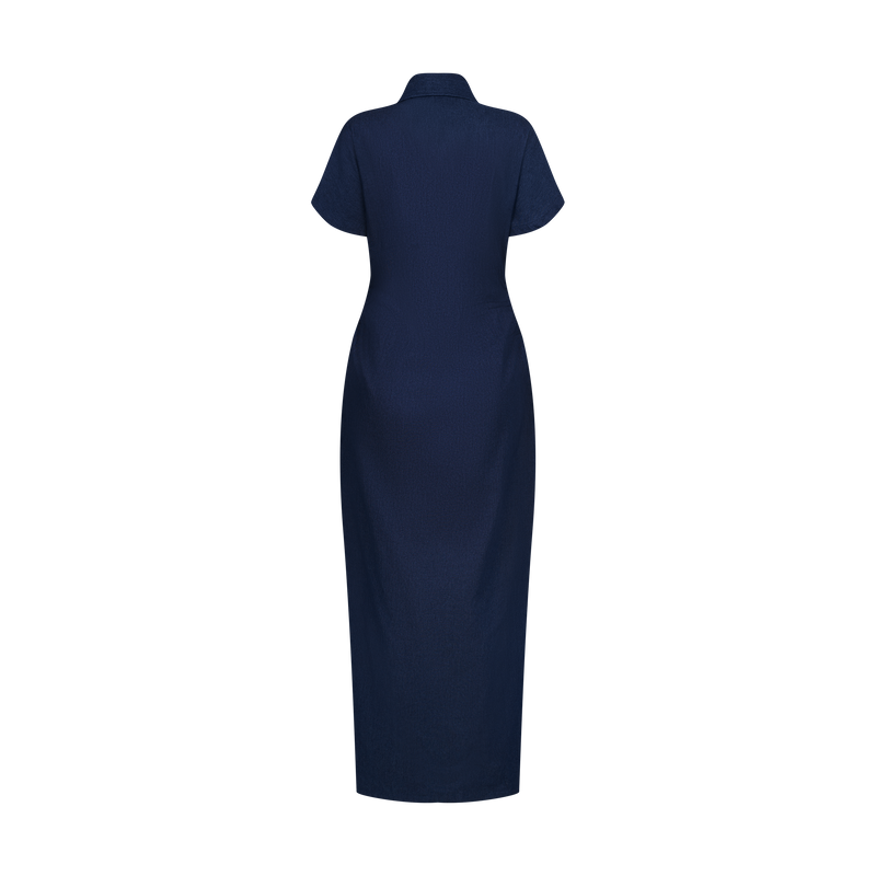 denim ruched dress Denim Beauty- Ruched Midi Dress with Belt (New!)
